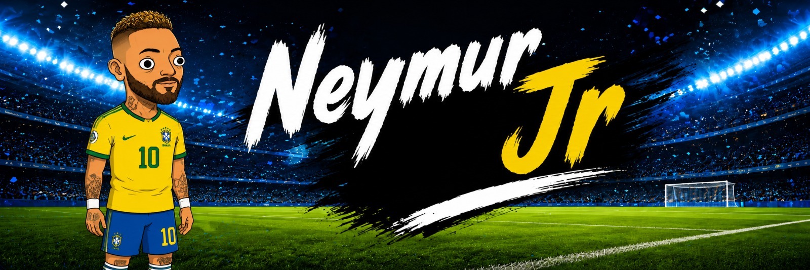 Cartoon Neymar standing on a stadium pitch with the words Neymur Jr in brush strokes
